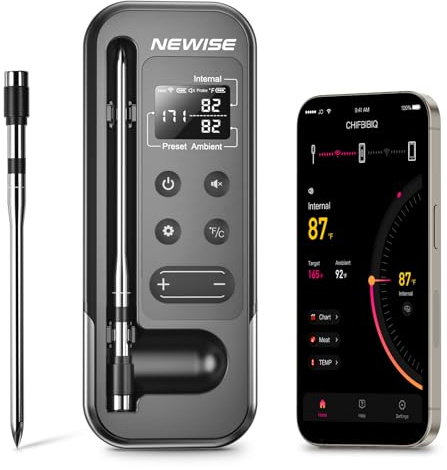 Newise Bluetooth Meat Thermometer with Smart APP, 800FT Wireless Range & LCD Base, Rechargeable Probe, Digital Food Thermometer for BBQ, Grill, Birthday Gifts for Men Dad Him