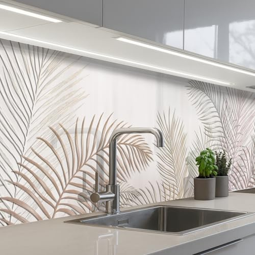 KitchenYeah© Rückwand Küche 60x300 cm Rückwandschutz Selbstklebend Spritzschutz Küchenrückwand Küchenfront Küchen Selbstklebende Küchenrückwände Blätter - Beige - Botanisch - Vintage