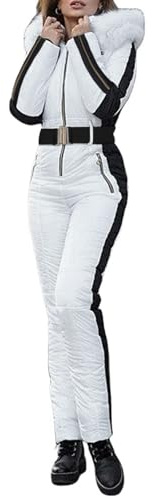 Traje de esquí de invierno para mujer, prenda impermeable con capucha y pelo sintético extraíble, mono deportivo con libertad de movimiento, Blanco, S