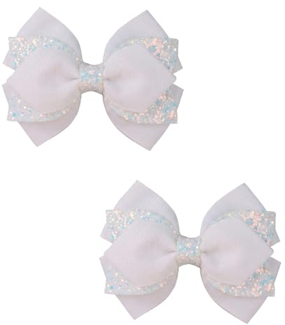 2Pcs Hair Bow Clips, Glitter Sparkle Bow Hair Clips, Hairs Accessories for Girls Birthday New Year Wedding Party Dress Outfit Decor Accessories (White)