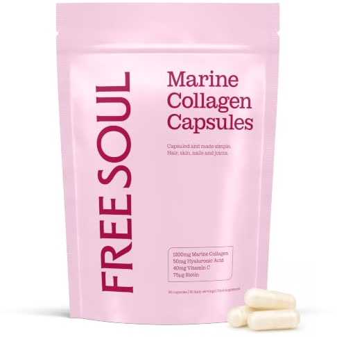 Free Soul Marine Collagen Capsules with Hyaluronic Acid, Biotin & Vitamin C | 1200mg per Serving | Type 1 Collagen Peptides | Collagen Supplement for Women | Hair, Skin, Nails & Joints | 90 Capsules