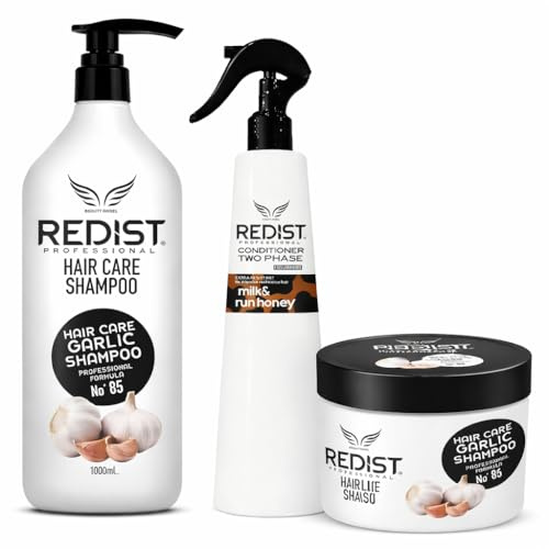 Redist Set per la cura dei capelli all'aglio – Shampoo 1000 ml + maschera per capelli 475 ml + balsamo a 2 fasi 400 ml Milk&Honey | Anti-perdita di capelli e formula rinforzante | Per capelli secchi e