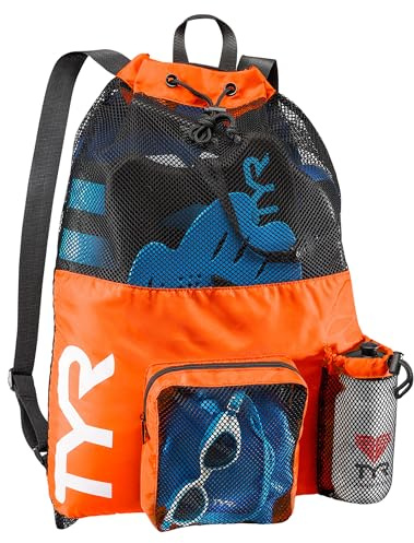 TYR Big Mesh Mummy Backpack for Swim, Gym and Workout Gear, Black, 40-Liter Capacity