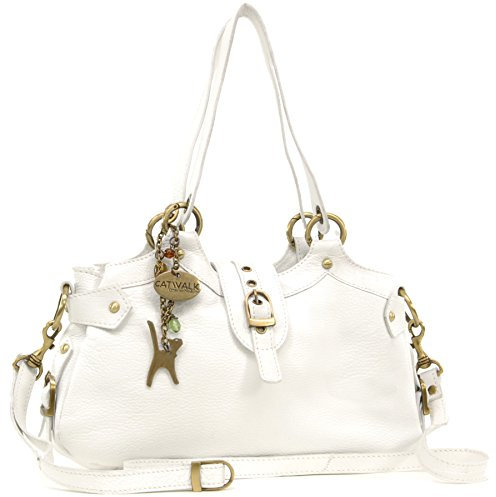 Catwalk Collection Handbags - Damen Leder Schultertasche - Umhängetasche Mittelgroß - Handtasche mit Abnehmbarer Schultergurt - NICOLE - Weiß