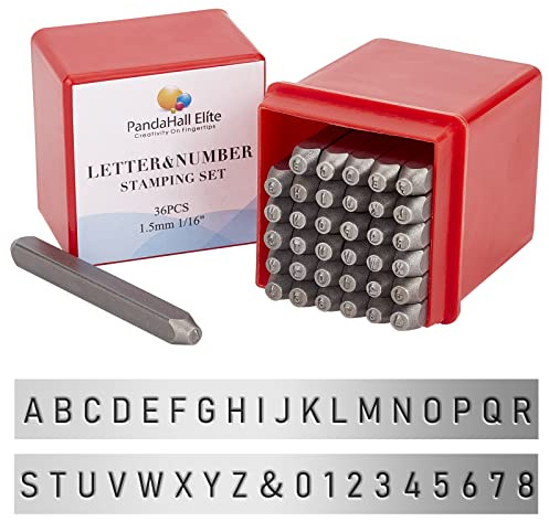 PH PandaHall 36PCS 1.5mm Lettre à Frapper, Jeu de Timbres en Métal, Lettre Alphabet A-Z et Numero 0-8 et &, Outil de Presse pour Perforation de Poinçons pour Timbres, Noir, 60x6mm