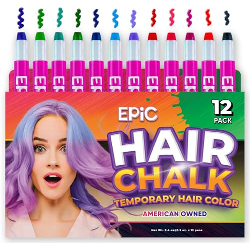 EPIC Hair Chalk, 12 Large Dust-Free and Vibrant Colors, Washable Temporary Hair Color, Non-Toxic Cosmetic Grade, Face and Body Safe