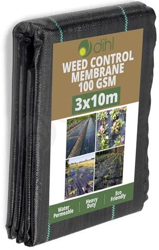 Dihl 3M x 10M Ground Fabric Landscape Garden Weed Control Membrane, Heavy Duty, 100gsm, Black, 322 Square Feet