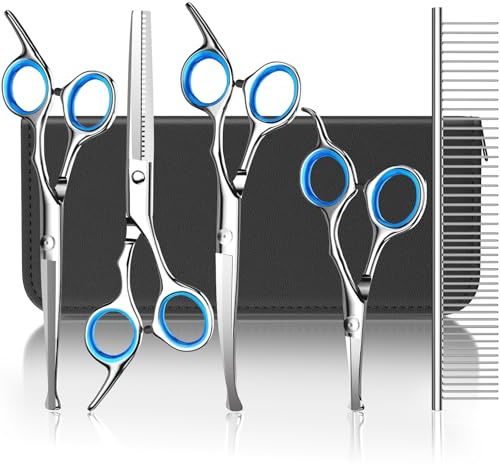 Pawaboo Dog Grooming Scissors 5 Pack, Stainless Steel Titanium Coated Dog Scissors Set, Straight/Curved Shears & Comb with Case for Small/Large Pet Cat - Blue
