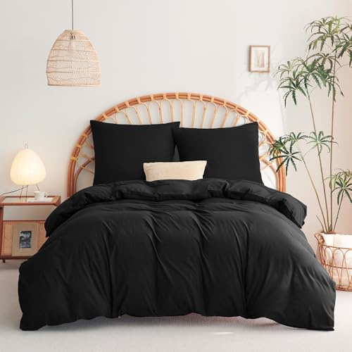 WAVVE Parure de Lit 220x240 Housse de Couette 240x220 avec 2 Taies d'oreiller 65x65 cm Parure de Lit 2 Personnes pour lit 180x200 avec Fermeture Éclair Sets de Housse Couette Noir 220 x 240