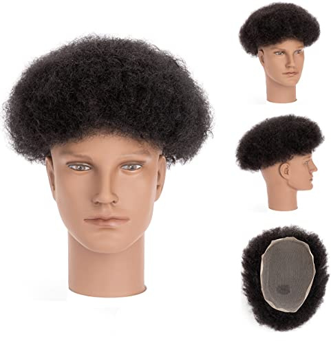 originea DAIXI 8x10 Inches Lace Base 4mm Curl Afro Curly Toupee for Men 100% Afro Human Hair Base Unit Breathable Lace Natural Hairline Hair African American Men's Hair Replacement System
