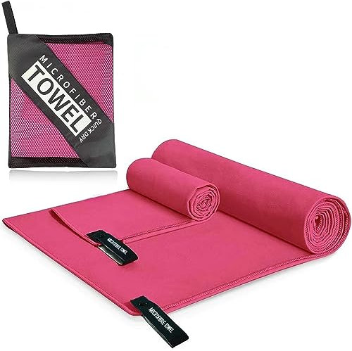Woukksy Mikrofaser Handtuch, Strand Microfaser Handtücher Schnelltrocknend für Sauna, Fitness, Yoga, Kompakte Mikrofaserhandtuch Bade-Handtuch für Strand, Camping (Rosa, 2 Stück 180x80cm+80x40cm)