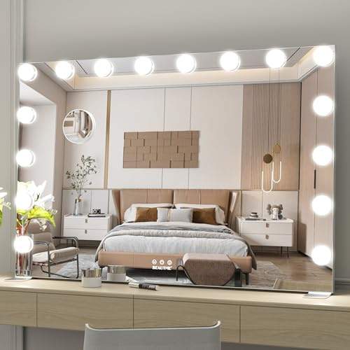 WONSTART Espejo de tocador Grande con Luces, 91 x 61 cm, Espejo Iluminado Hollywood con Luce para Maquillaje, Luces Regulables con 3 ajustes de luz de Color, Plateado