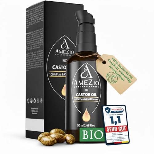 Rizinusöl Bio Kaltgepresst I Für Haare, Körper, Haut, Wimpern, Augenbrauen, Bart, Nägel I 100% rein & nachhaltig I Natürlich für Kosmetik I Hautpflege I Vegan & Tierversuchsfrei I Hexanfrei I 50ml