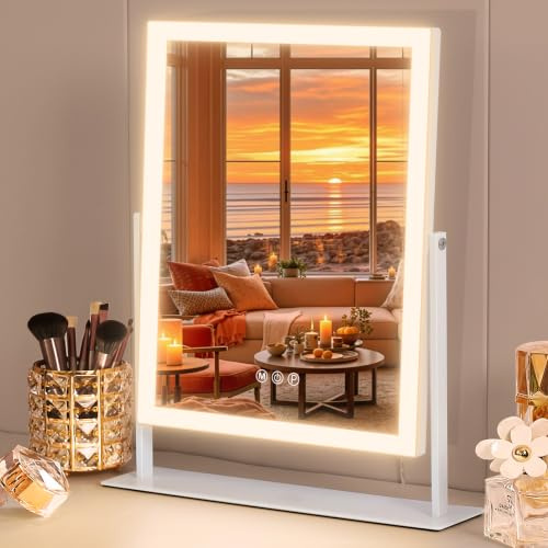 FENCHILIN Hollywood - Specchio da trucco a 3 colori, dimmerabile, con illuminazione, controllo Smart Touch, con illuminazione, rotazione a 360°, 10 ingrandimenti, 30 x 41 cm
