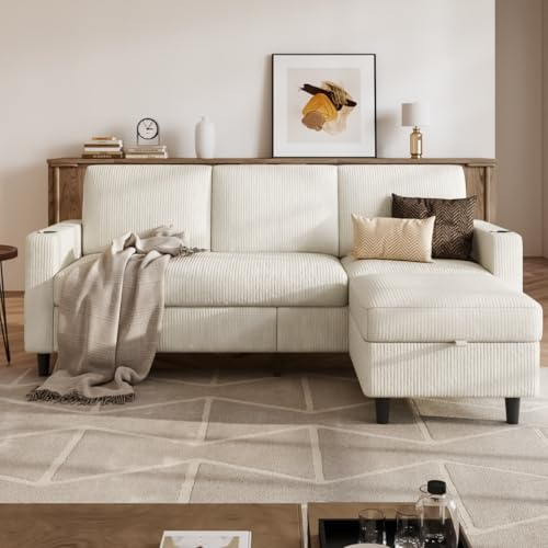 POYISOU Convertible Sectional Couches for Living Room, 3 Seats L Shaped Sofa with Storage Ottoman and 2 Cup Holders, Modern Corduroy Couch Small Sofas for Small Space Apartment Office, Beige