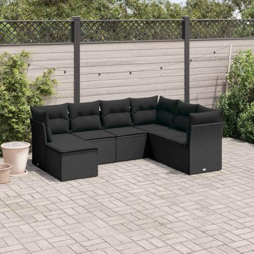 Ordellia Salon de Jardin 7 pcs en résine tressée Noire avec Coussins, canapé d Angle et Banquette modulable, Sac de Rangement pour terrasse extérieur
