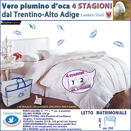 Piumone Matrimoniale 4 Stagioni in Piuma D'oca 250x200, Originale Trentino Alto Adige, Piumino Matrimoniale Caldo 100% Vera Piuma D'Oca Naturale, Garanzia Marchio Daunex, LAUNEN TIROL