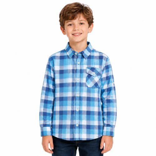 Bienzoe Niño Calentar Franela Manga Larga Tartán Camisa Azul 5/6
