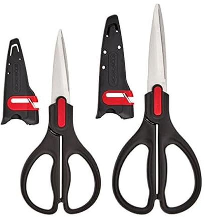 Farberware All Purpose and Utility scissors with Edgekeeper Sharpening Sheaths, Strong and Durable Multi Use Scissors, 2-Piece, Black/Red