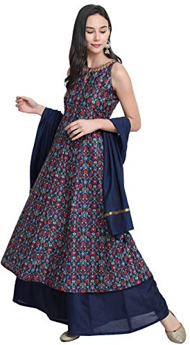 Janasya Indian Women's Blue Embellished Festive Wear Kurta Set for Women