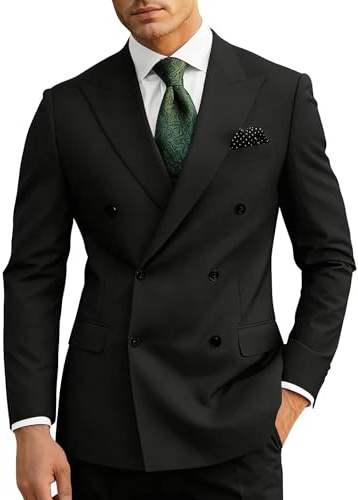 Wangyue Black Double Breasted Suit Men Suits Classic Fit 2 Piece Wedding Groom Tuxedo for Men Black Double Breasted Blazer Formal Business Prom Tuxedo S