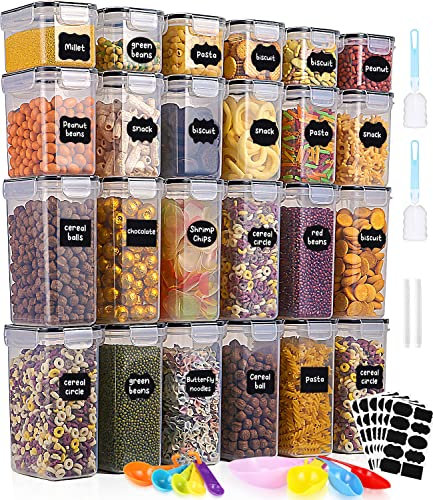 heuchaey Vorratsdosen 24 Set mit Deckel,Aufbewahrungsbox Küche aus Plastik mit Aufkleber,Pinsel und Löffel,Frischhaltedosen Behälter für Getreide,Mehl,Nudeln,BPA-frei