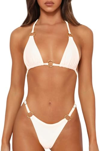 MIKETAI Sexy Bikinis for Women 2 Piece Bikini Spaghetti Strap Swimsuits Solid Color Bathing Swimwear Triangle Bathing Suit (US, Alpha, Small, Regular, Regular, White)