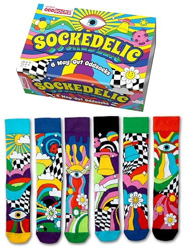 United Oddsocks Sockedelic Gift Box – 6 Way-Out Odd Socks for Men – UK 6–11, EUR 39–46, US 7–12 – Colourful Mix & Match Novelty Socks with Psychedelic Patterns – Fun, Funky Gift for Men Who Love Style