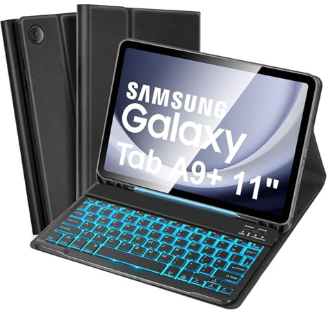 Bakgrundsbelyst tangentbordsfodral för Samsung Galaxy Tab A9+/A9 Plus 11 tum 2023 (SM-X210/X215/X216/X218), UK layout, smalt fodral med avtagbart trådlöst tangentbord
