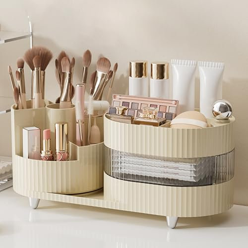 NWK Detachable Makeup Organiser Jewellery Box with 360° Rotating Makeup Brush Holder Cosmetice Organiser for Lipsticks Brushes Perfume Lotions for Bathroom Dresser Desk (White)