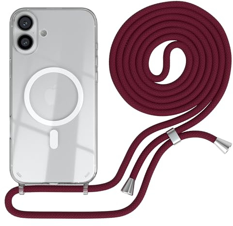 EAZY CASE - mobilkedja kompatibel med iPhone 16 Plus, kedja för upphängning, stötsäkert mobilskal för iPhone 16 Plus, silikonskal med rem, transparent mobilskal i Bourgogneröd