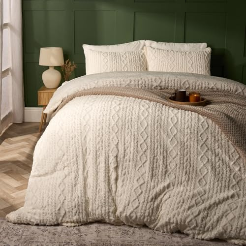 OHS Double Duvet Set, Cream Cable Knit Sherpa Teddy Fleece Winter Bedding, Super Soft Warm Quilt Covers with Pillowcases, Double Reverse Duvet Covers