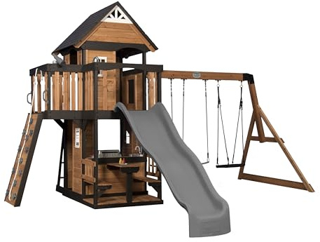 Backyard Discovery Canyon Creek 100% Cedar Wood Swing Set | Outdoor Playground for Kids | Garden Climbing Frame for Children | 1 Web Disc and 2 Belt Swings | 2.4m Wave Slide | Rock Wall | Toy Kitchen