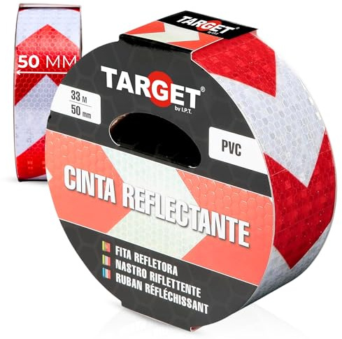TARGET Cinta Reflectante Adhesiva, Advertencia Señalización Marcaje Alta Visibilidad Peligro Seguridad (FLECHAS ROJAS y BLANCAS, 33 M X 50 mm)