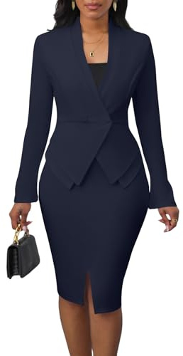 Women's 2 Piece Business Suit Set Casual Long Sleeve Blazer Pencil Skirt Sets Church Outfits Navy Blue M