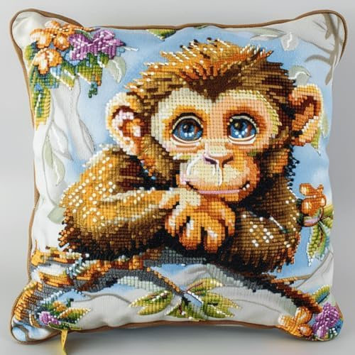 Kits de cojines de ganchillo DIY para adultos, diseño mono, animales y flores, funda de cojín de ganchillo DIY, funda de cojín de sofá, kit de bordado para principiantes con lienzo impreso 43 x 43 cm