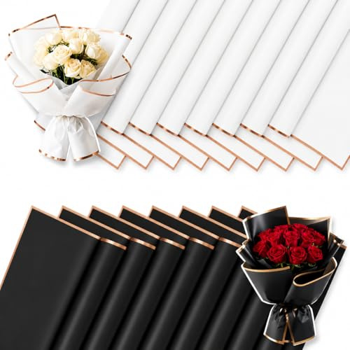Luxoraiova Bouquet di carta bianco e nero, 20 pezzi 58 x 58 cm, minimalista bouquet di carta da regalo con bordo dorato, carta floreale impermeabile per confezioni regalo