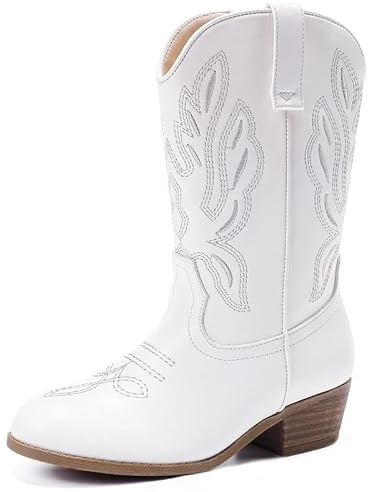 LAURMOSA Girls Cowgirl Boots White Cowboy Boots for Girls Size 13 Mid Calf Pointed Toe Embroidered Western Cow Girl Boots for Little Kids Cowgirl Fancy Dress Horse Riding Party Shoes (UKL1020White 13)