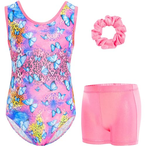 Gogokids Set di body da ginnastica da bambina, senza maniche, con pantaloncini e cravatta, con glitter e strass e design incrociato sulla schiena, per bambini dai 3 ai 12 anni