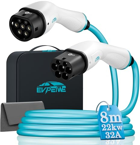 EVPEIWE 22kW 32A Typ 2 EV Ladekabel, 8M Tragbares Typ 2 EV-Ladekabel | 480V | 3 Phase | IP55 | für IEC 62196-2 Elektrofahrzeuge & Plug-in-Hybrid Modelle 3/X/Y/S(Blaues Kabel)