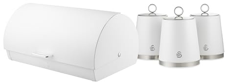SWAN Serenity Bread Bin with Ventilation, Smooth Matt Finish and Roll Top Lid, 14 Litre and Set of 3 Kitchen Storage Canisters for Tea, Coffee, and Sugar, 1.3L, White
