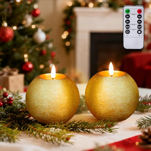 Lumeavetra Gold Glitter Battery Operated Round Candles with Timer, Flickering Real Wax LED Flameless Ball Candles for Christmas Party Home Decor Table Centerpieces, Set of 2 (4 Inch)