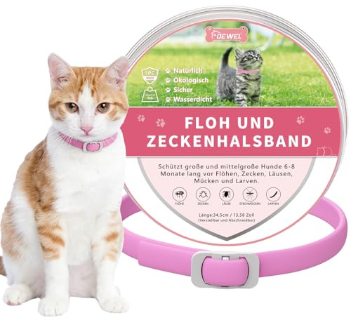 DEWEL 34.5cm Zecken Halsband für Katze, Floh Zecken Kragen Floh-und Zecken Prävention Halsbänder, Verstellbar Wasserdicht Katze Flohhalsband (Rosa)