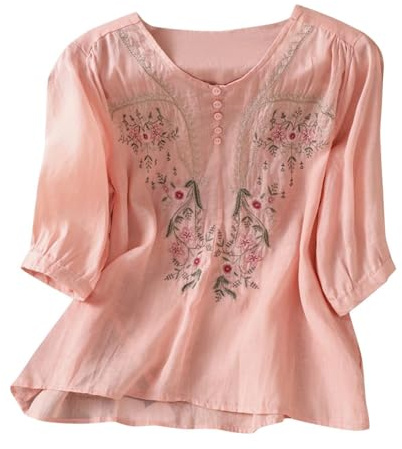 Women Linen Boho Blouse Floral Embroidered 3/4 Sleeve Plus Size Shirt | V Neck Summer Casual Lightweight Cotton Loose Fit Capsule Wardrobe Gauze Beach Vacation Top