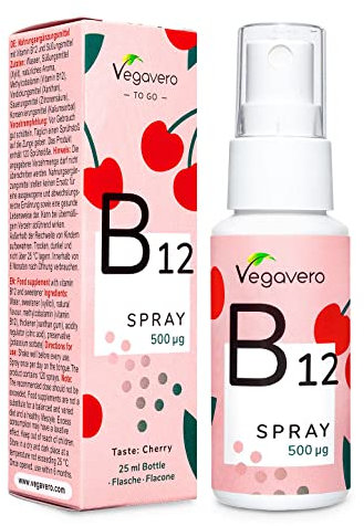 Vitamin B12 Spray Vegavero | Vergleichssieger 2024* | 500 µg Methylcobalamin pro Sprühstoß | Zuckerfrei & Ohne Alkohol | Leckerer Kirschgeschmack | Hochdosiert | Vegan | 25 ml (210 Portionen)