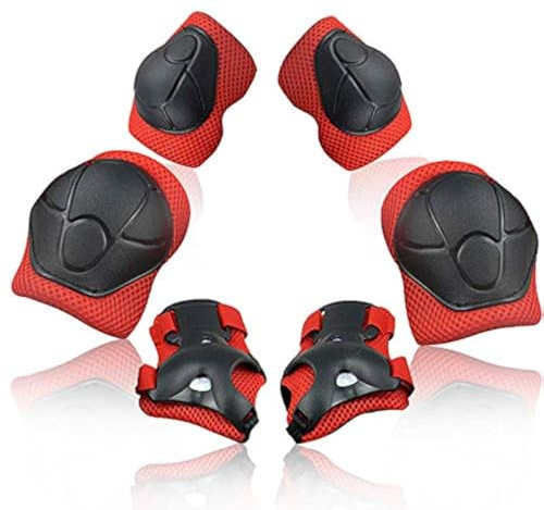 Heatigo Children Protective Gear Set, 6pcs Adjustable Wrist Guards Protective Gear Kit for Roller Skating Skateboard Scooter Cycling Knee Pads (Red)