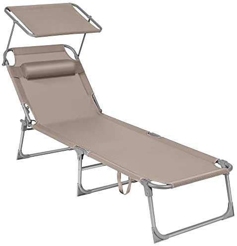 SONGMICS Lettino Prendisole, Sedia a Sdraio Pieghevole, 193 x 53 x 29 cm, Max Portata 150 kg, con Poggiatesta Parasole e Schienale Reclinabile, per Terrazzo Piscina Giardino, Tortora GCB192K01