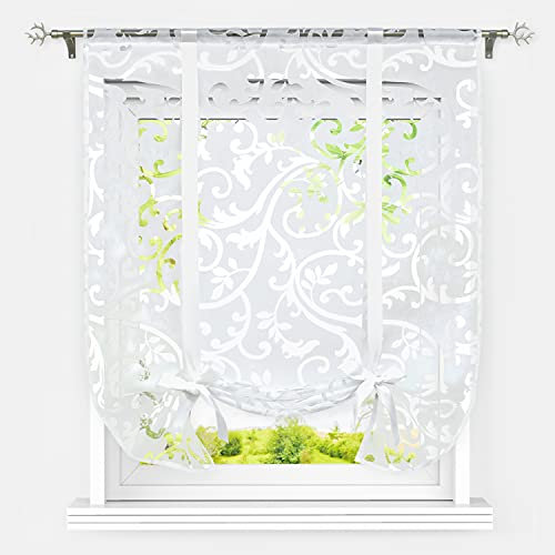 Heichkell Raffrollo Tunnelzug Band Raffgardinen Ausbrenner Transparente Scheibengardine Küche Modern Kurze Fenster Vorhang Ranken-Ausbrenner Weiß BxH 80x140cm