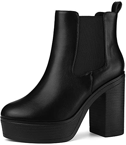 Allegra K Women Chunky High Heel Platform Round Toe Chelsea Ankle Booties
