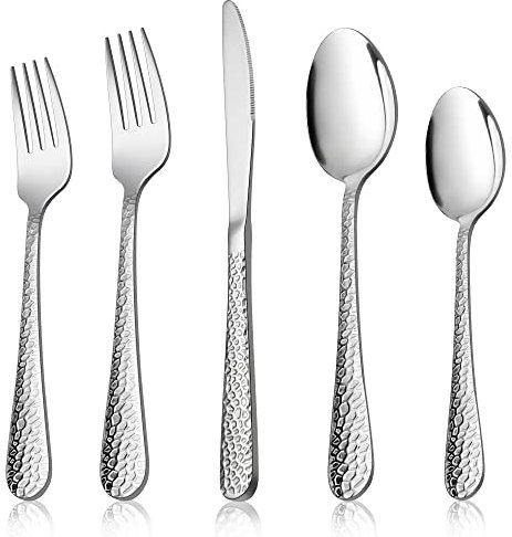 Herogo Besteck Set 12 Personen, 60-teiliges Edelstahl Besteckset mit Messer Gabel Löffel, Elegantes Hammergriff Silber Essbesteck für Haus/Party/Restaurant, Spülmaschinenfest, Rostfrei, Poliert